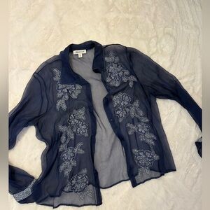 Sheer Navy Blouse with Floral Embroidery sze XL
